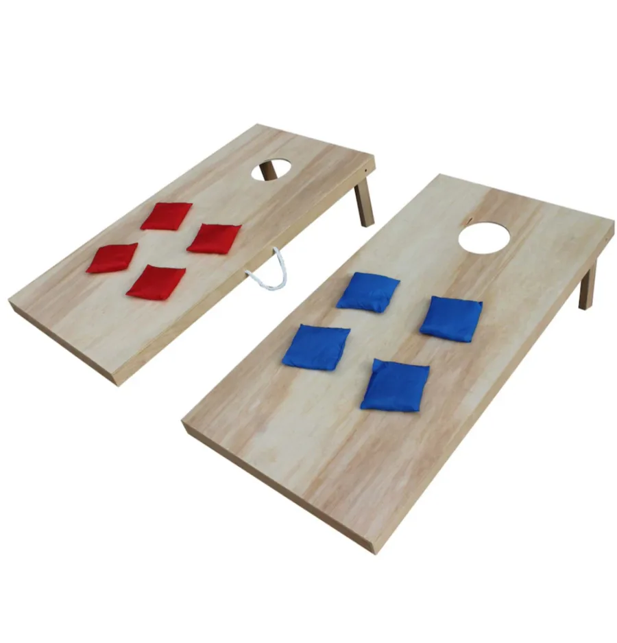 Pine grade cornhole board set with red and blue beanbags